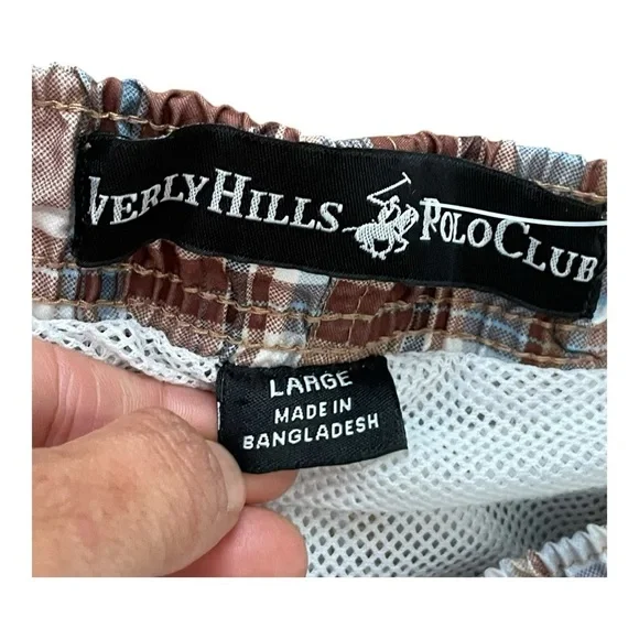 Beverly Hills Polo Club plaid Brown Tan blue Cargo Shorts Swim Trunks Size: L - Picture 3 of 6